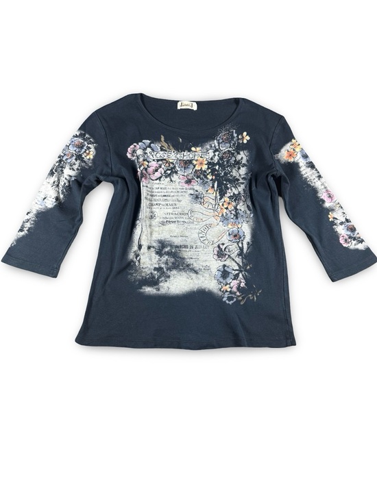Jamee J Tops - Jamee J Top‎ Black Floral 3/4 Sleeve Embellished Programme Soiree Blouse Lg Boho